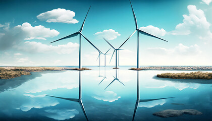 Offshore wind turbines farm on the ocean. Sustainable energy