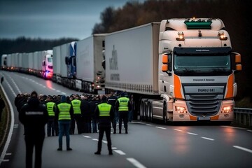 grève des chauffeurs routiers - des camions bloquent l'autoroute - generative ai - obrazy, fototapety, plakaty
