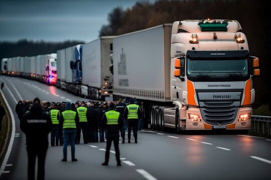 gr&egrave;ve des chauffeurs routiers - des camions bloquent l'autoroute - generative ai
