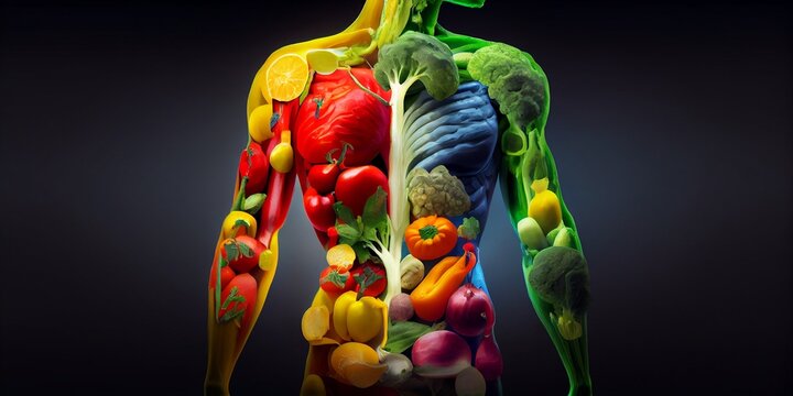Menschlicher Körper aus frischen Obst und Gemüse . AI generativ