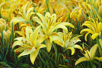 Yellow Lily Flowers In full Spring Season Bloom Petals Nature Botanical Garden