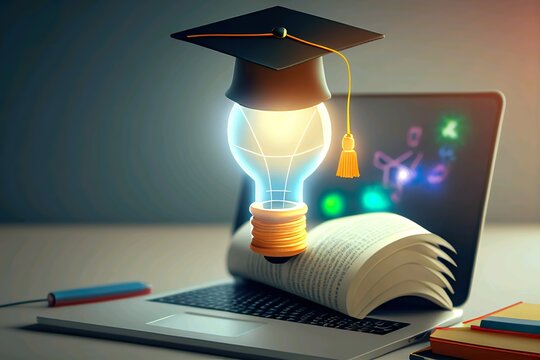 E-Learning-Programmkonzept f&uuml;r Graduiertenzertifikate. Gl&uuml;hbirne auf Buch mit Abschlusskappe und Bildungssymbolen. Abschluss des Internet-Bildungskurses, Online-Lernkonzept. Webinare ,Generative AI
