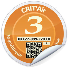 Rounded sticker of a category 3 orange crit'air label, classification of fine particle emissions from vehicles in France (isolated)