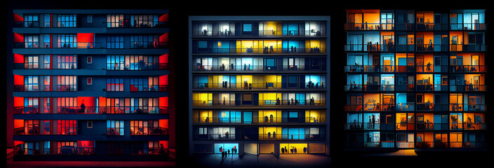 Night colorful windows lights of apartment building in city. AI generative.