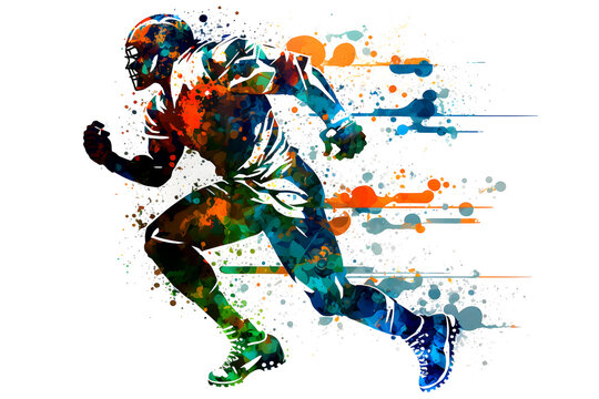 american football player man with multicolored paint splash, isolated on white background. Neural network AI generated art