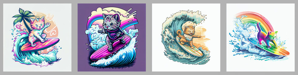 Baby kitten doll surfing rainbow wave. AI generative.