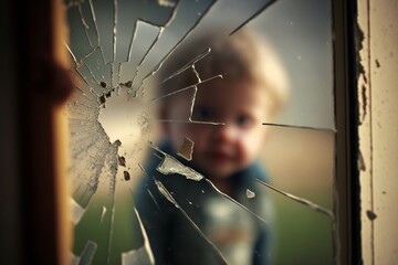 Junges Kind hat Fensterscheibe eingeschlagen und ist traurig und verängstigt, ai generativ - obrazy, fototapety, plakaty
