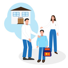 Parents with their son, who holds a school satchel, are going to school. The concept of collecting a child to school, back to school, first grade. Flat vector illustration