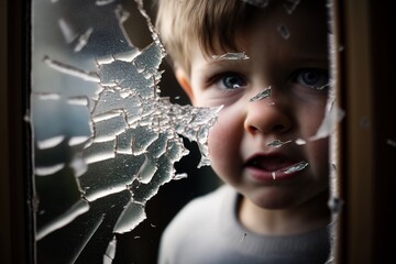 Kind Gesicht mit Fensterscheibe Glassplitter ist verängstigt Nahaufnahme, ai generativ