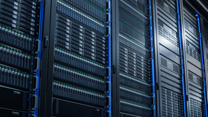Fototapeta na wymiar Advanced Cloud Computing Concept. Corridor with Server Racks and Cabinets inside Large Data Center