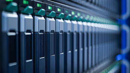 Close-up of Server Rack with SSD in Modern Datacenter. Advanced Cloud Computing and Machine Learning Concept.