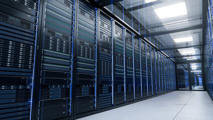 Corridor with Server Racks and Cabinets inside Large Data Center. Advanced Cloud Computing Concept...