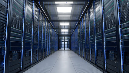 Inside Large Data Center. Advanced Cloud Computing Concept. Corridor with Server Racks and Cabinets...