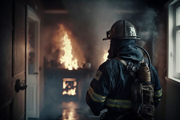 Firefighter rescuer man in protective clothing and helmet extinguishes fire in a burning house, house fire, a hero. Generative AI