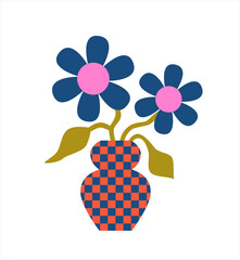 70s retro groovy cartoon naive flowers in checkered vase. Hippie psychedelic concept. Print, sticker design. Positive nostalgic vibes.