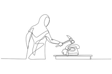 Fototapeta na wymiar Cartoon of muslim woman with hammer smashing telephone. Concept of furious. Continuous line art style
