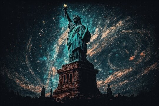 Big statue is at night time. Starry sky, milky way. Abstract picture in the style of post-impressionism. Generative AI