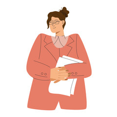 Business concept vector illustration. A woman in glasses and a suit holds working papers