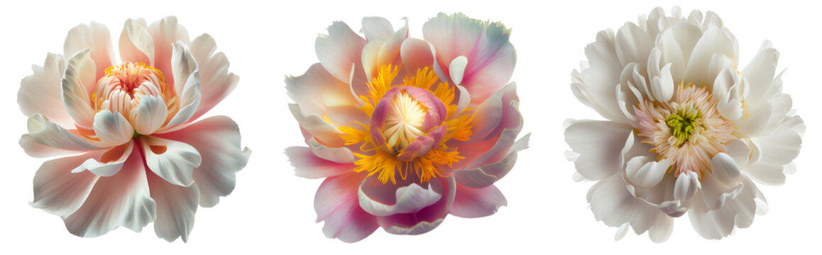 Fototapeta Assorted white and pink peony flower heads isolated on transparent PNG background. Created with Generative AI. 