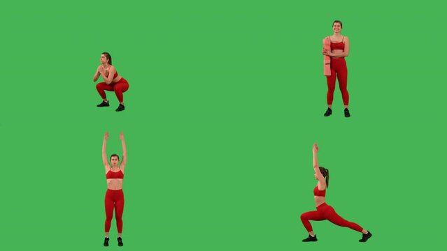multiscreen of woman make different exercises fitness workout for strong and flexible body Isolated on Green Screen background