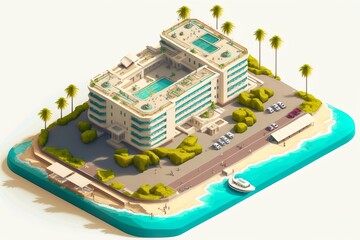 Clear Seas and Summer Sun at an Isometric Beach Hotel on the sea. ai generated.