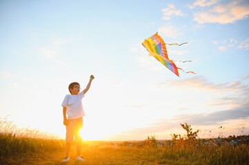 Little boy on summer vacation having fun and happy time flying kite on the field.