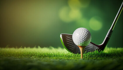 golf ball on tee and golf club, generative ai - obrazy, fototapety, plakaty