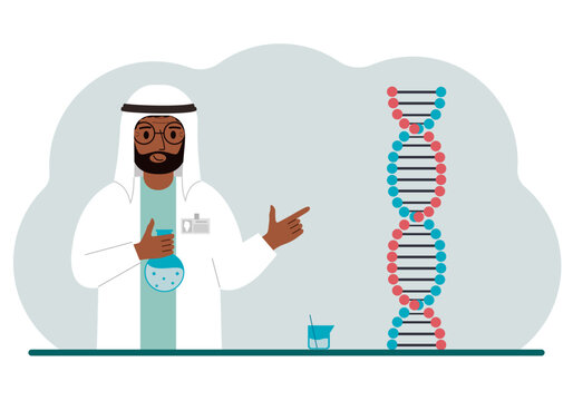 Male doctor with flasks near the dna chain. The concept of a new coronavirus, virus, pcr or disease treatment.