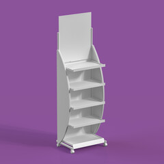 White POS POI Cardboard Floor Display Rack For Supermarket Blank Empty Displays With Shelves Products On Violet Background Isolated. 3d Rendering