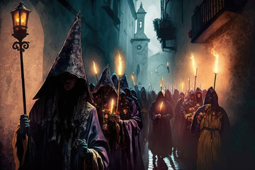 procession with penitents with masks in easter celebration in spain. generative ai - obrazy, fototapety, plakaty