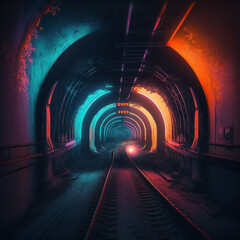 underground subway tunnel and railroad with neon lights. generative ai