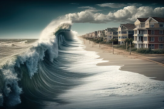 big waves hitting coast and beach near houses due to global warming and sea level rise. generative ai