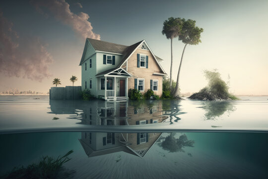 house flooded with water due to sea level rise and global warming. generative ai