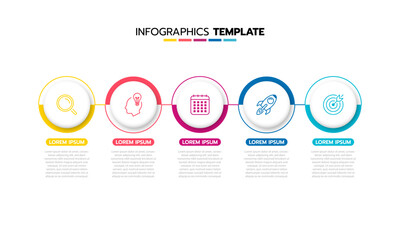 Business infographic template process with simple geometry square, rectangle, circle, triangle, curves in flat design template with thin line icons and 5 options or steps. Vector illustration.