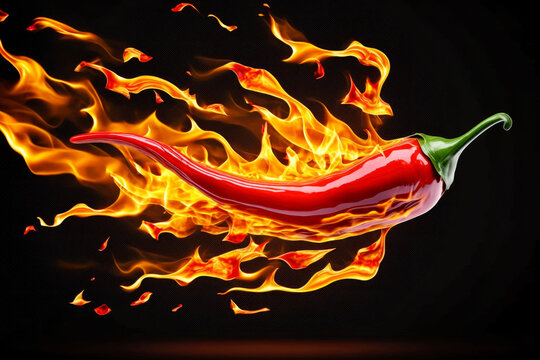 vibrant red hot pepper, with flames rising around it, creating a dynamic and intense image. The fiery backdrop emphasizes the pepper spiciness. AI generative