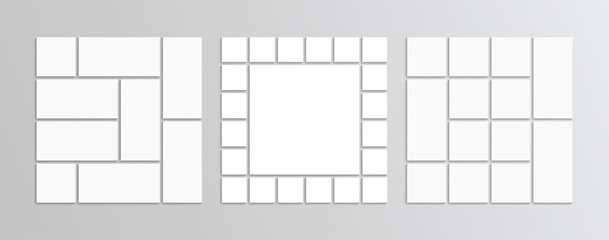 Gallery banner. Mood board templates set. Moodboard layout. Three mosaic pictures frames. Photo collage grid. Album brandboard. Portfolio images. Retro background. Vector illustration
