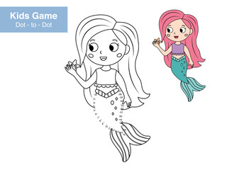 Dot to dot educational game for children. Cute cartoon mermaid. Numbers game. Activity worksheet for kids. Connect the dots and color. Vector illustration.
