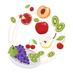 Fresh fruit slices falling in the plate, flat design illustration. Healthy diet, vegetarian food