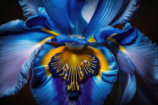 Violet and blue iris flowers closeup abstract background,generative ai.