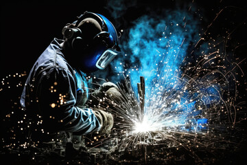 Fototapeta premium a welder's mask shields their face from the bright flashes of light produced by their welding tool. AI generative
