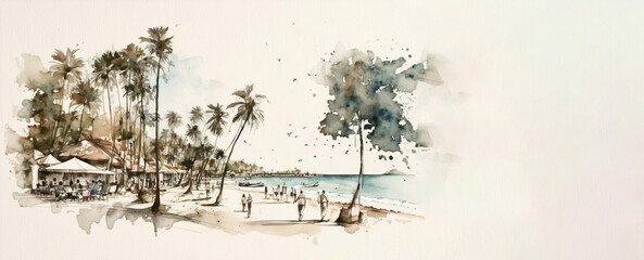beach vacation, watercolor illustration, banner size, generative Ai