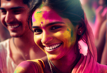 Beautiful young Indian girl covered in color pigment during Holi festival - Ai generative
