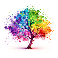 Colorful tree isolated in front of white background. Generative AI.