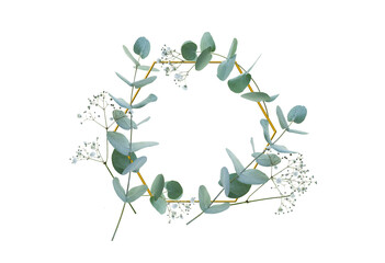 Wreath of eucalyptus and gypsophila braided in golden frame. Isolated on transparent background. Top view flat lay. Botanical nature design for sustainable wedding concepts and decorations with space - 578311763