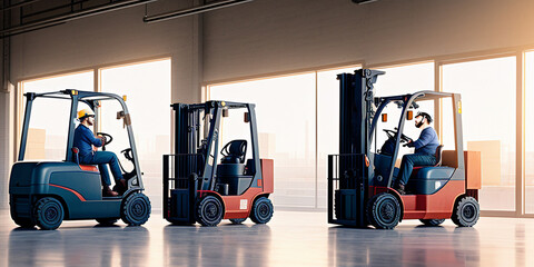 Fototapeta na wymiar Group of men riding on forklifts in a warehouse next to windows with large windows, side view. Generative AI technology.