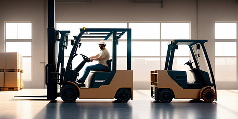 Fototapeta na wymiar Man driving a forklift in a warehouse with boxes on the floor. Side view. Generative AI technology. 