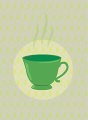 Old style Green Tea cup with steam on  green oval and polka dot background 