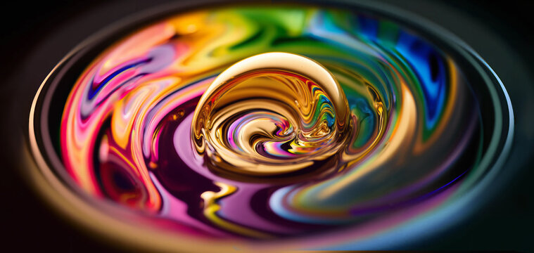 Creating or brewing gold from colors. Beautiful swirl of thin deep colors with glossy gold bubble forming in the middle. Creative alchemy. Extremely shallow depth of field. Generative AI. 