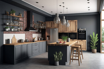 Modern kitchen interior with gray walls, concrete floors and gray wood worktops. A long table with chairs beside it. Interior of a modern stylish kitchen with indoor plants. Generative AI