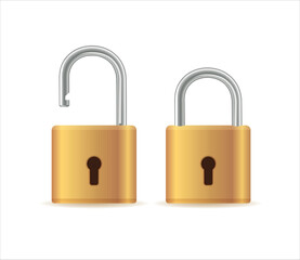 Gold padlocks set. Golden closed and open padlock isolated. Chrome locks template.Vector